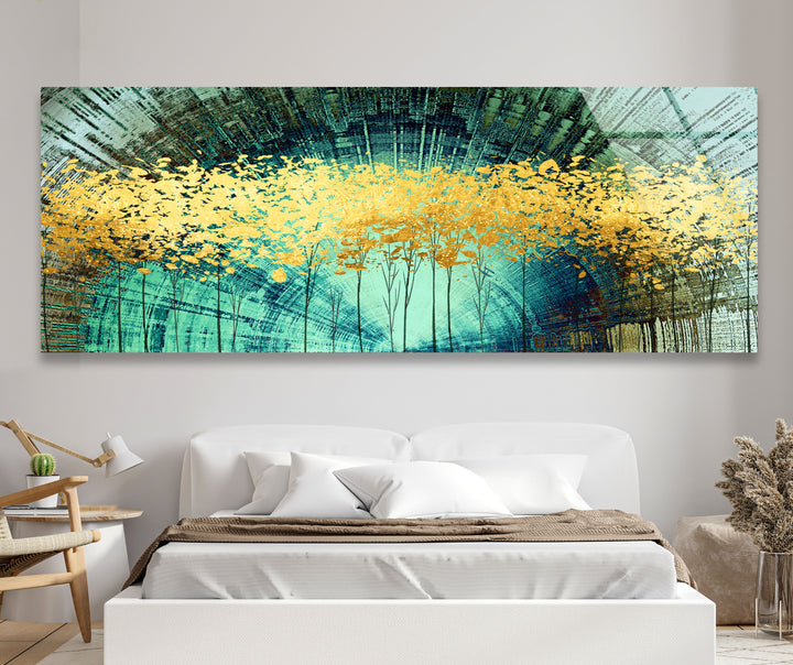 Golden Forest Panorama-Wandkunst – Türkisfarbene abstrakte Landschaft für modernes Wohnzimmer
