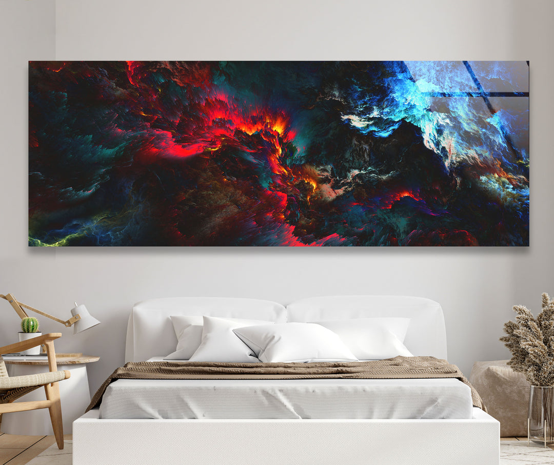 Dunkle Flamme Panorama-Wandkunst – Feuriger blauer und roter Glasdruck