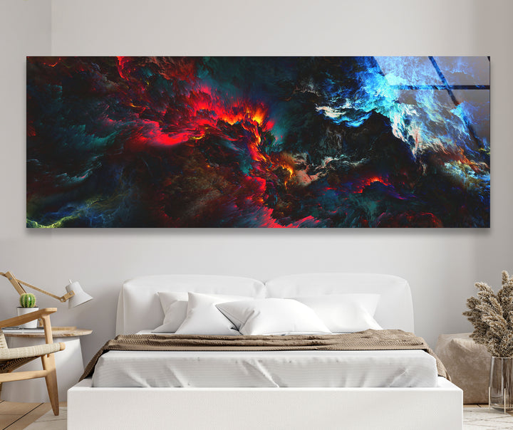 Dunkle Flamme Panorama-Wandkunst – Feuriger blauer und roter Glasdruck