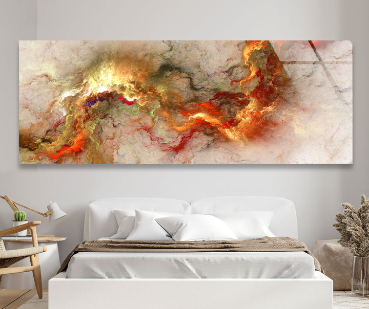 Feurige abstrakte Panorama-Wandkunst – Rot-Gold-Glasdruck
