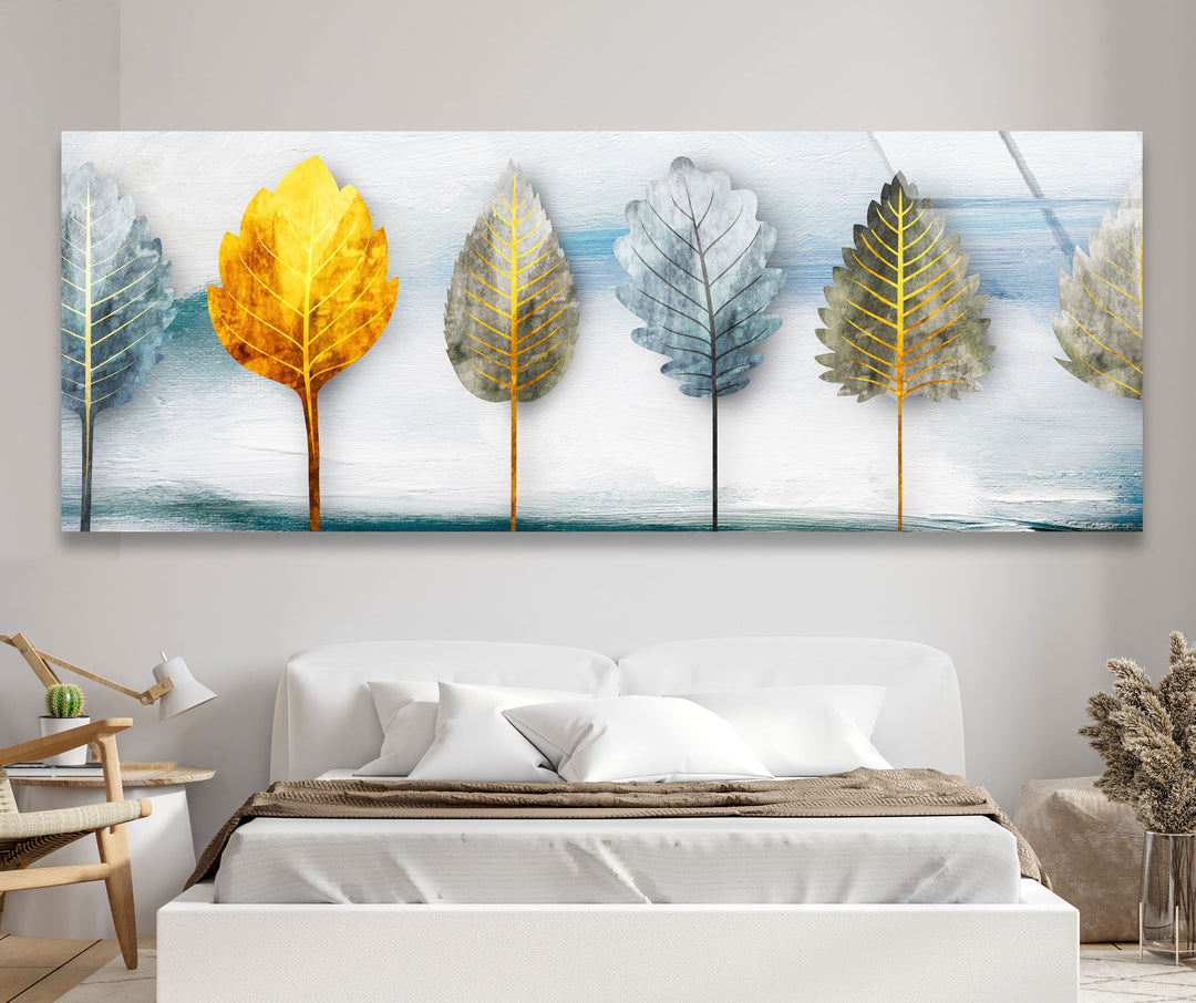 Golden Leaves 5-teiliges Wandbild – Abstraktes Natur-Glasplatten-Set