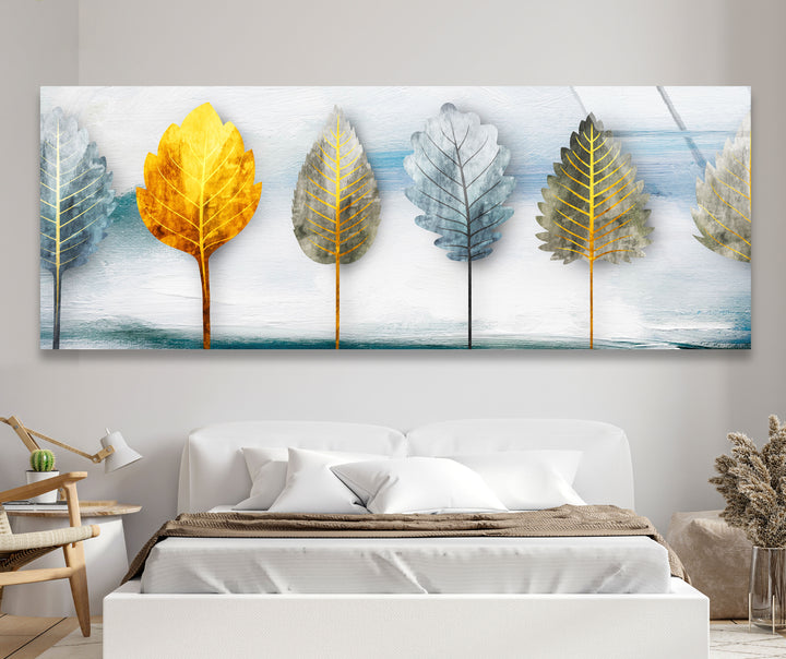 Golden Leaves 5-teiliges Wandbild – Abstraktes Natur-Glasplatten-Set