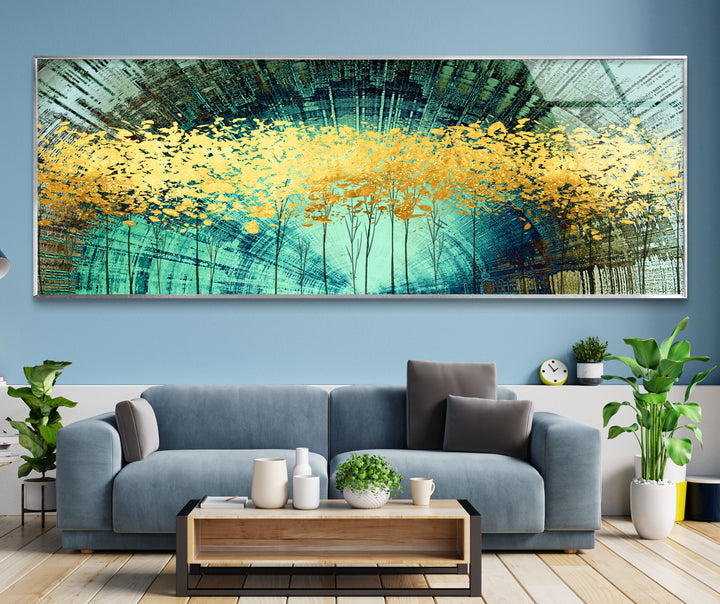 Golden Forest Panorama-Wandkunst – Türkisfarbene abstrakte Landschaft für modernes Wohnzimmer