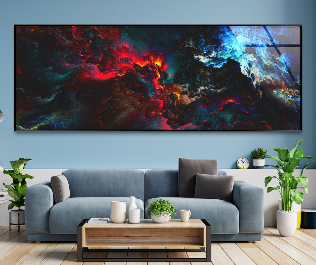 Dunkle Flamme Panorama-Wandkunst – Feuriger blauer und roter Glasdruck