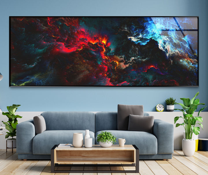 Dunkle Flamme Panorama-Wandkunst – Feuriger blauer und roter Glasdruck