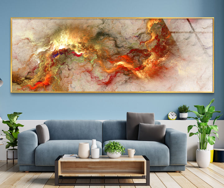 Feurige abstrakte Panorama-Wandkunst – Rot-Gold-Glasdruck