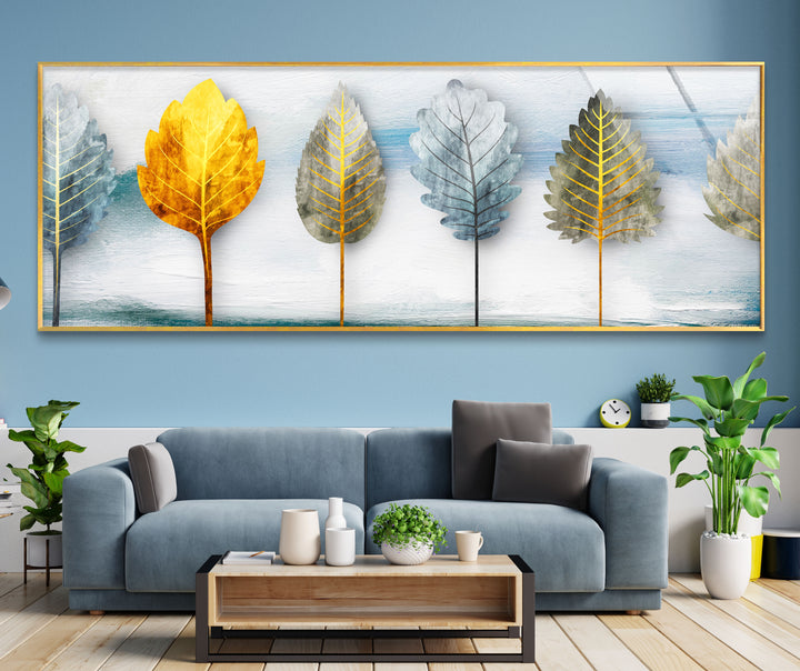Golden Leaves 5-teiliges Wandbild – Abstraktes Natur-Glasplatten-Set