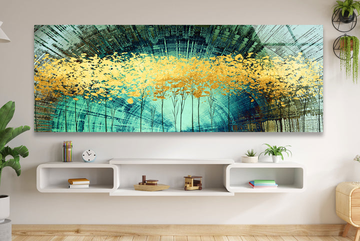 Golden Forest Panorama-Wandkunst – Türkisfarbene abstrakte Landschaft für modernes Wohnzimmer