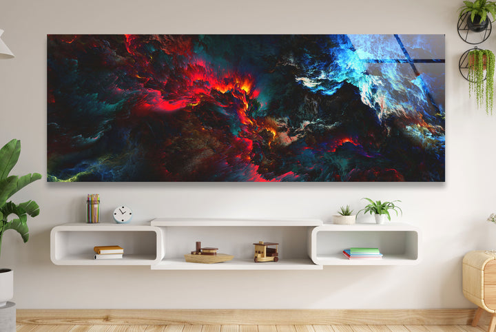 Dunkle Flamme Panorama-Wandkunst – Feuriger blauer und roter Glasdruck