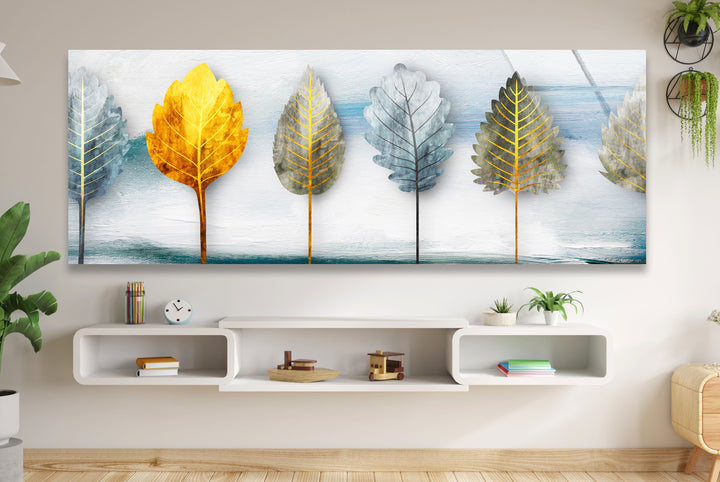 Golden Leaves 5-teiliges Wandbild – Abstraktes Natur-Glasplatten-Set