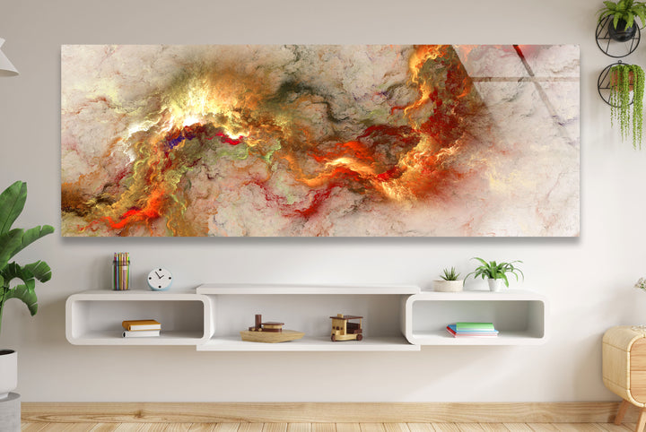 Feurige abstrakte Panorama-Wandkunst – Rot-Gold-Glasdruck