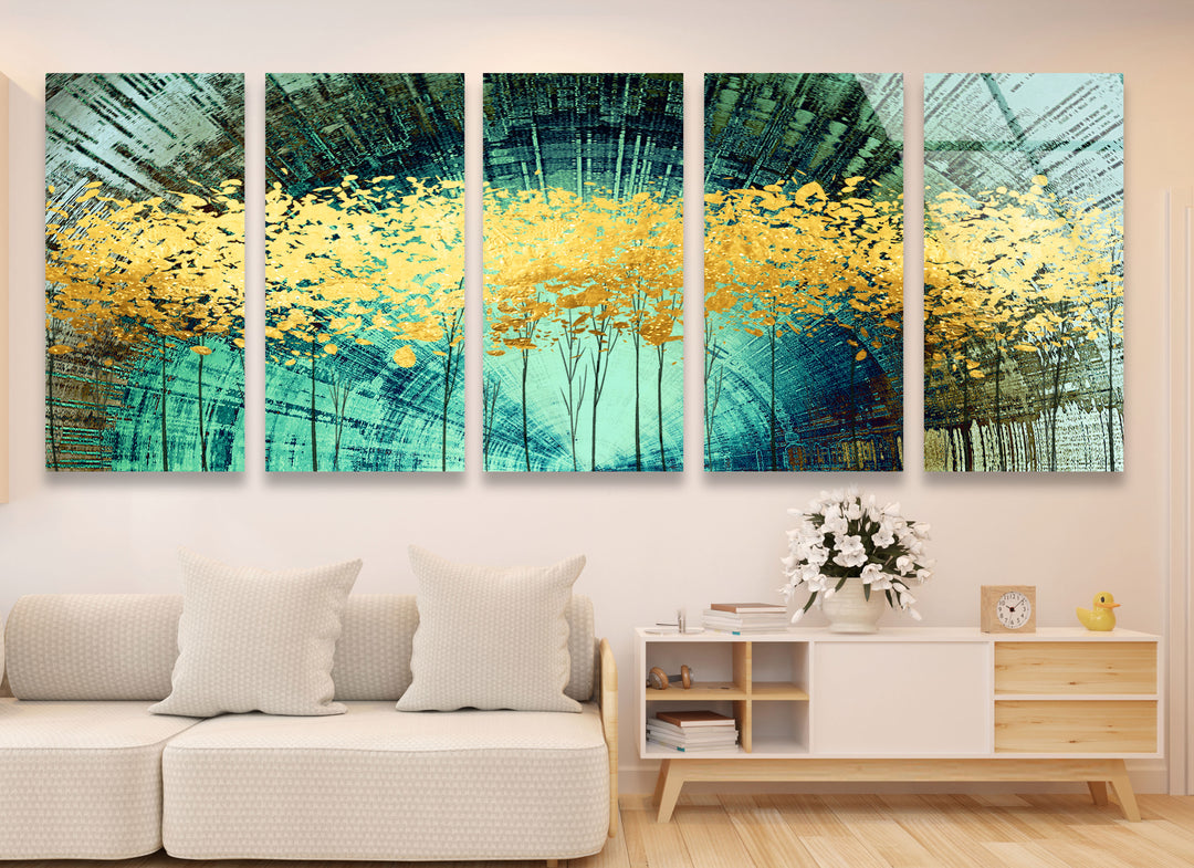Golden Forest Panorama-Wandkunst – Türkisfarbene abstrakte Landschaft für modernes Wohnzimmer