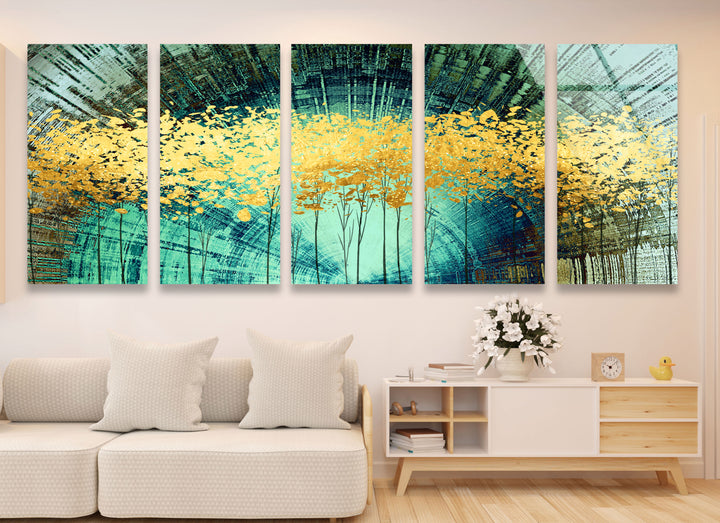 Golden Forest Panorama-Wandkunst – Türkisfarbene abstrakte Landschaft für modernes Wohnzimmer