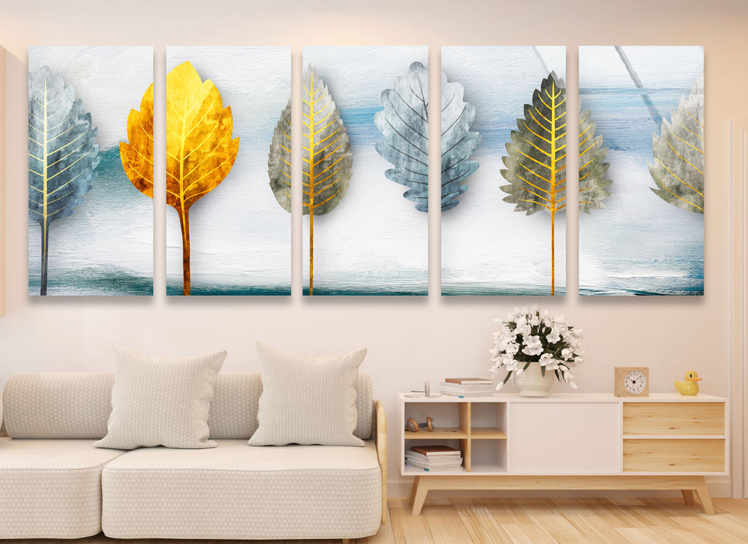 Golden Leaves 5-teiliges Wandbild – Abstraktes Natur-Glasplatten-Set