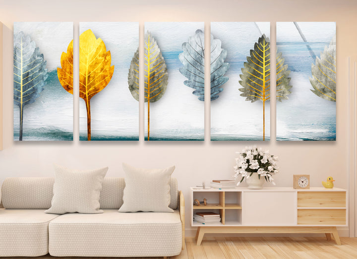 Golden Leaves 5-teiliges Wandbild – Abstraktes Natur-Glasplatten-Set