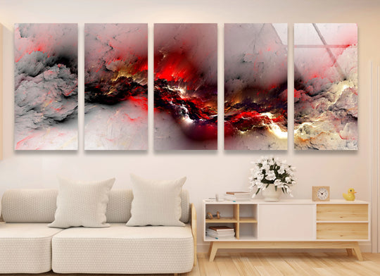 The panoramic glass wall art shows a crimson storm abstract red motif and the panoramic print brings modern energy as a contemporary wall decor