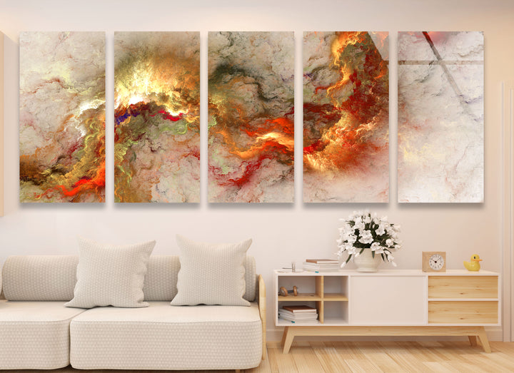 Feurige abstrakte Panorama-Wandkunst – Rot-Gold-Glasdruck