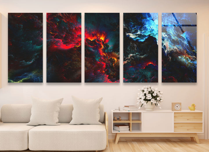 Dunkle Flamme Panorama-Wandkunst – Feuriger blauer und roter Glasdruck