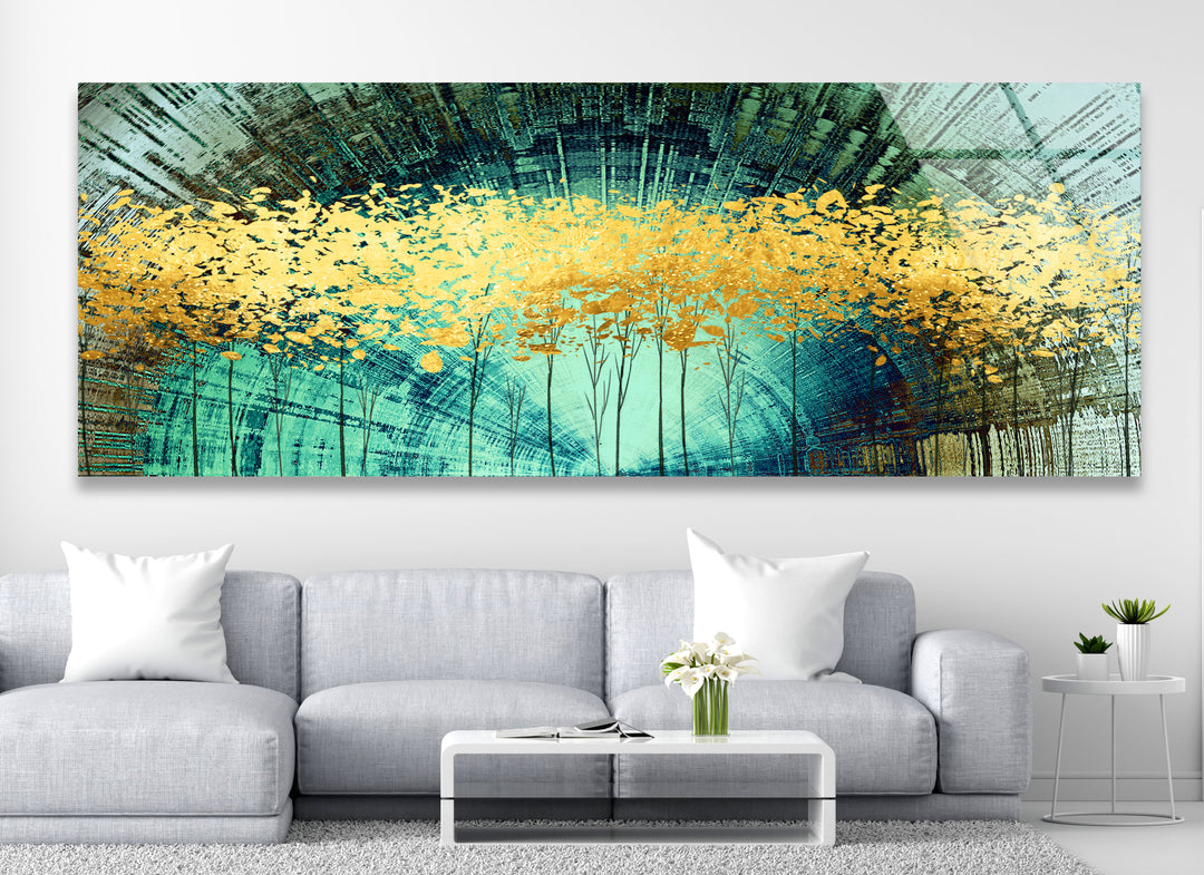 Golden Forest Panorama-Wandkunst – Türkisfarbene abstrakte Landschaft für modernes Wohnzimmer