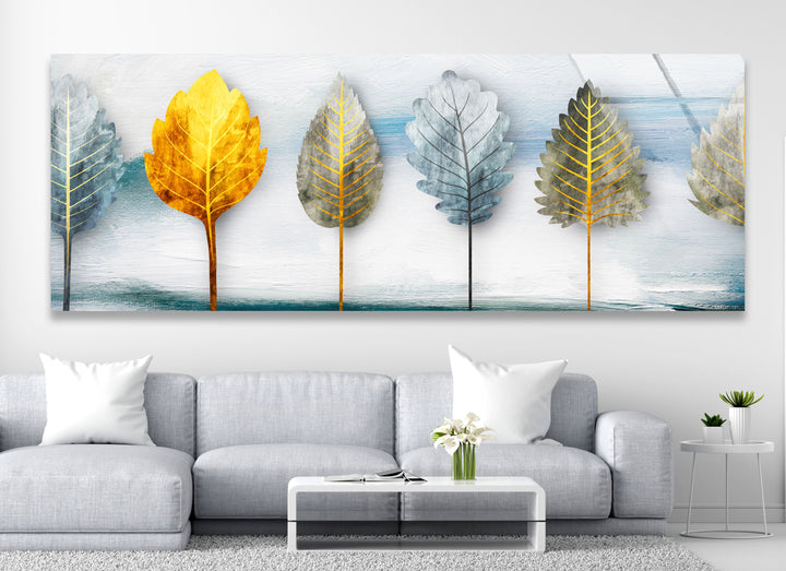 Golden Leaves 5-teiliges Wandbild – Abstraktes Natur-Glasplatten-Set