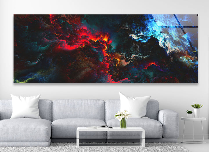Dunkle Flamme Panorama-Wandkunst – Feuriger blauer und roter Glasdruck
