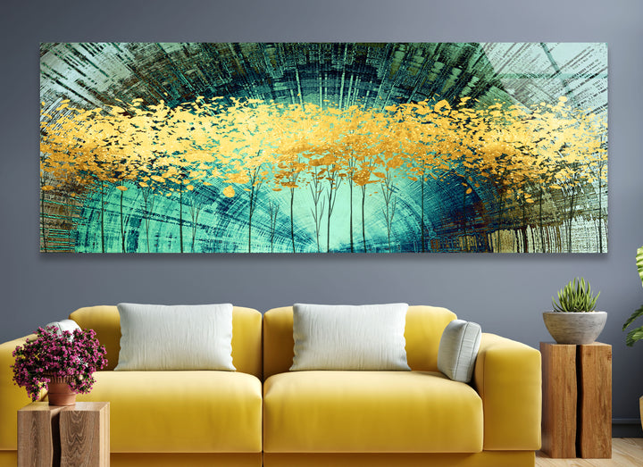 Golden Forest Panorama-Wandkunst – Türkisfarbene abstrakte Landschaft für modernes Wohnzimmer
