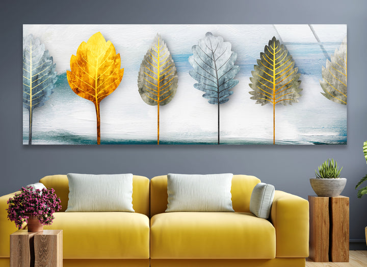 Golden Leaves 5-teiliges Wandbild – Abstraktes Natur-Glasplatten-Set