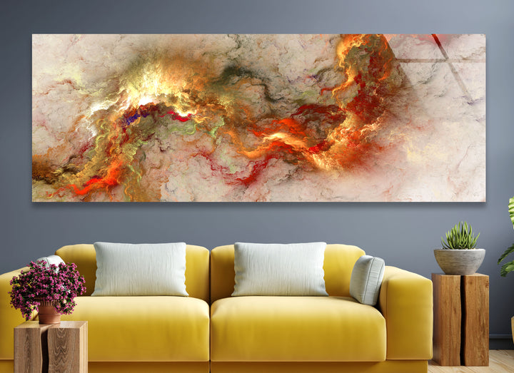 Feurige abstrakte Panorama-Wandkunst – Rot-Gold-Glasdruck