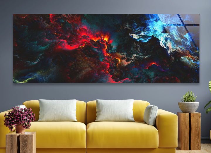 Dunkle Flamme Panorama-Wandkunst – Feuriger blauer und roter Glasdruck