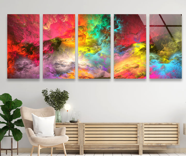 Colorburst Panorama-Wandkunst – Mehrfarbiger abstrakter Glasdruck