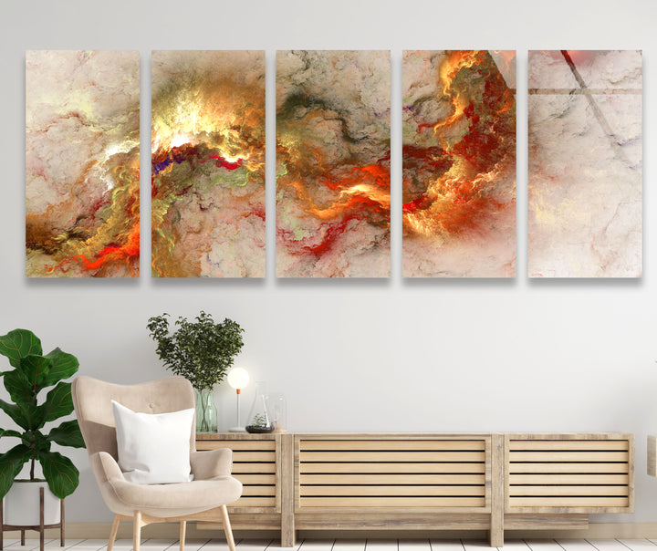 Feurige abstrakte Panorama-Wandkunst – Rot-Gold-Glasdruck