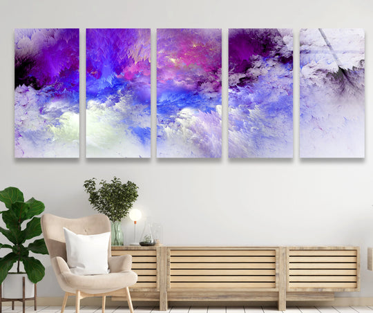 This panoramic glass wall art features a purple cloudscape with abstract sky details and it's a vibrant wall decor piece for modern interiors and a five piece wall art set