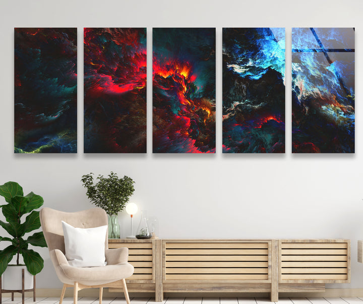 Dunkle Flamme Panorama-Wandkunst – Feuriger blauer und roter Glasdruck