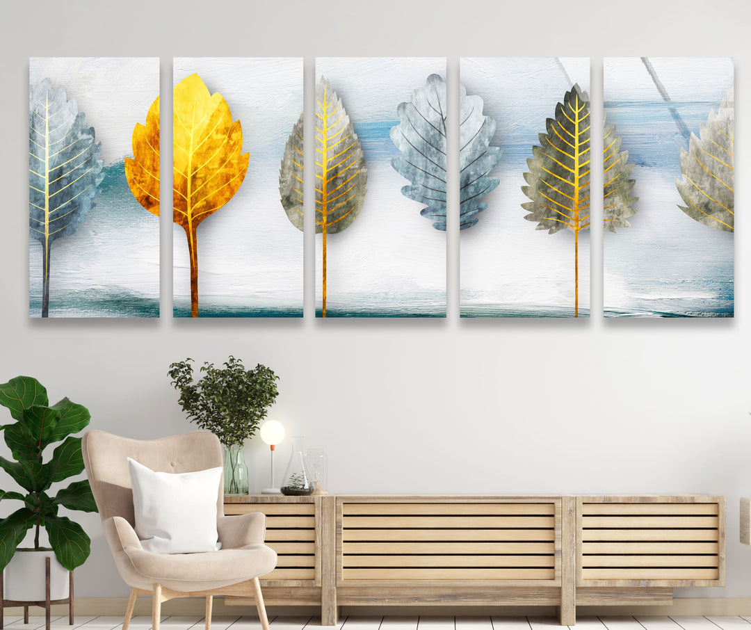 Golden Leaves 5-teiliges Wandbild – Abstraktes Natur-Glasplatten-Set