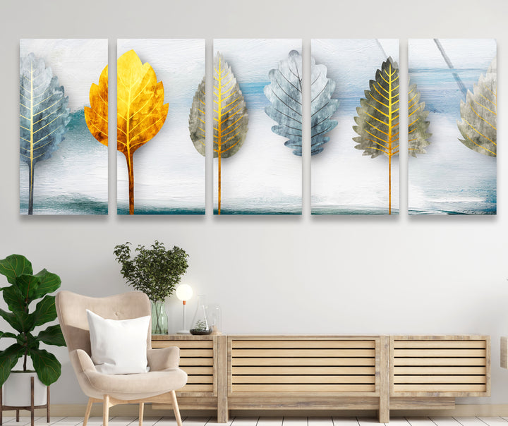 Golden Leaves 5-teiliges Wandbild – Abstraktes Natur-Glasplatten-Set