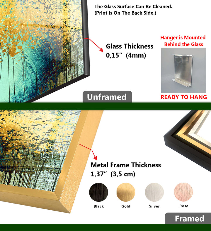 Golden Forest Panorama-Wandkunst – Türkisfarbene abstrakte Landschaft für modernes Wohnzimmer