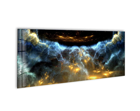 Blue and black cloud abstract glass wall art features a swirling design and golden light accents and is a stunning panoramic statement piece