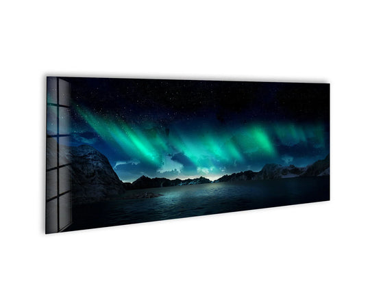 Northern Lights and Lake landscape glass wall art showcases a scenic aurora borealis and calm water and is a stunning piece of large wall art and modern wall decor