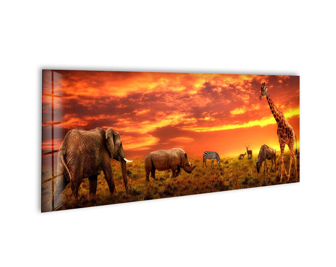 Safari Group Grazing At Sunset Glass Wall Art, print picture on glass, Tempered Glass Wall Art