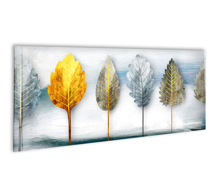 Golden Leaves 5-teiliges Wandbild – Abstraktes Natur-Glasplatten-Set