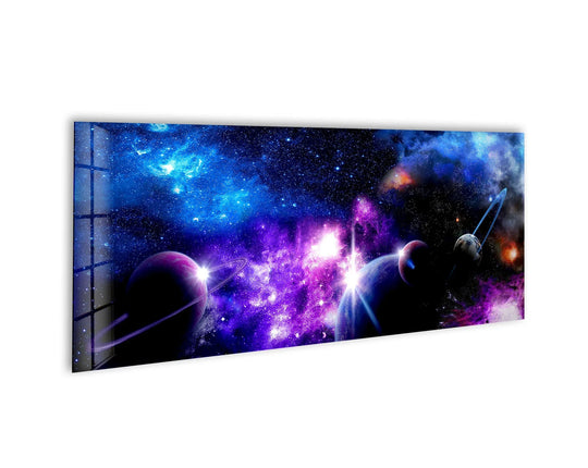 Dramatic transition between cosmic blues and purples highlights the otherworldly beauty of this purple galaxy with planets tempered glass wall art.