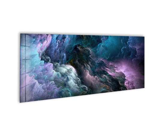 Blue purple clouds abstract glass wall art features a panoramic design and vivid colors and is a stunning piece of modern wall decor for a statement wall