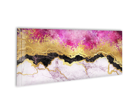 Pink and gold marble glass wall art features a panoramic design and luxurious gold accents and abstract patterns and modern wall decor