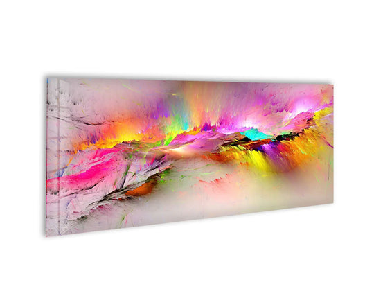Pink Color Splash abstract glass wall art features vibrant pink orange and yellow hues and a glossy finish for modern wall decor and a statement wall