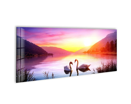Panoramic glass wall art swans over lake at sunset landscape decor and nature sunset tempered glass art for serene decor