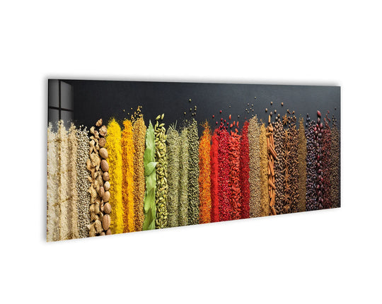 Colorful spices and legumes glass wall art features a vibrant horizontal arrangement and modern wall decor with rich colors and tempered glass