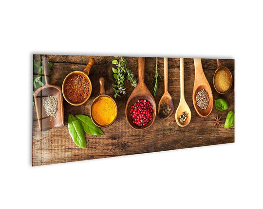 Bright negative space surrounds a vivid still life of herbs and spices, enhancing the kitchen's culinary elegance with this best glass art panoramic wall decor.