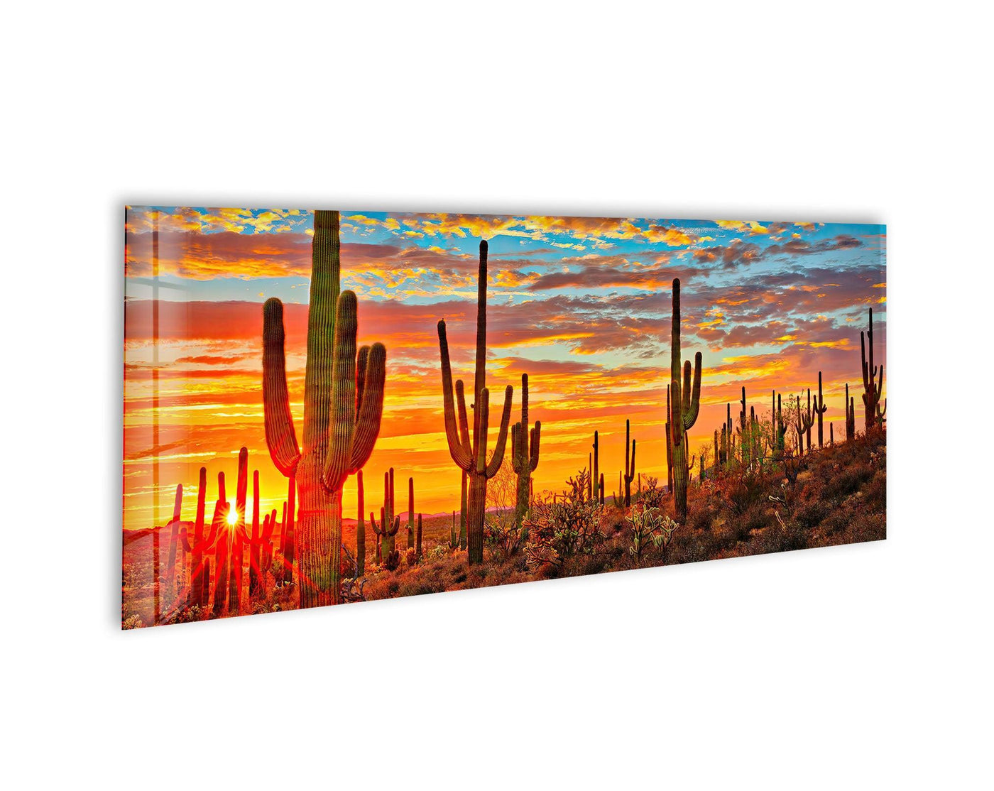 Brilliant sunbursts highlight the desert landscape and saguaro cacti in this Sonoran Desert Sunset glass art painting.