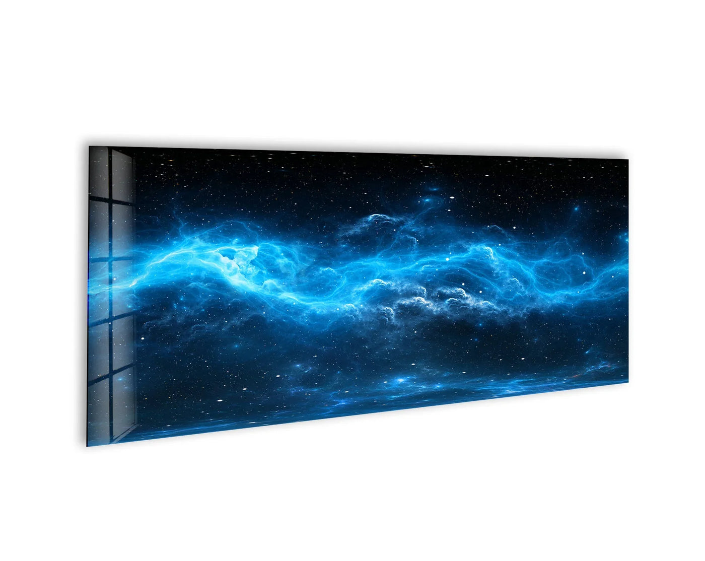 Smooth, reflective surface texture enhances the vibrant celestial scene on this Blue Galaxy & Nebula Star glass printing, creating a stunning panoramic glass wall art.
