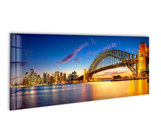 The focal point is on the Harbour Bridge in this stunning Harbour Bridge Night Cityscape, showcasing the vibrant details of the tempered glass wall art in the panoramic view.